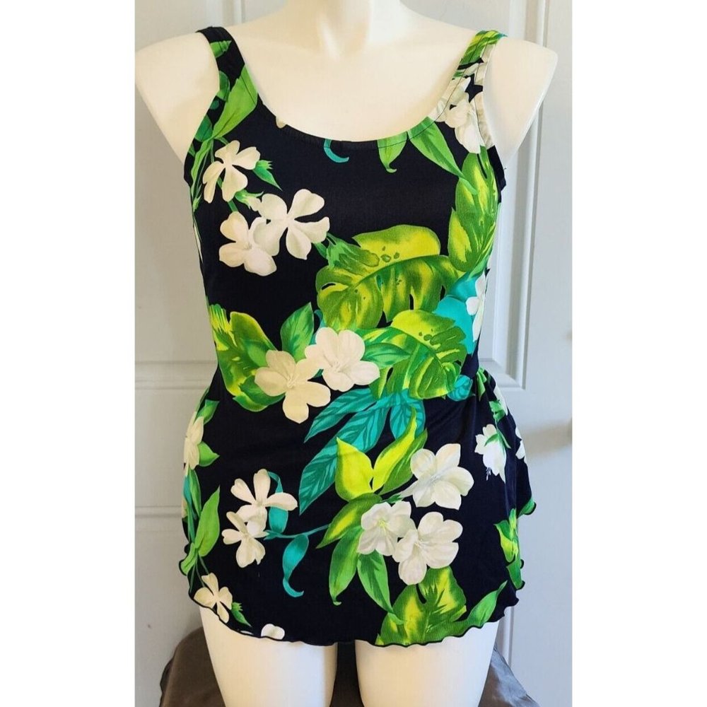 Slim Allure Women's One Piece Faux Skirted Swimsuit Blue/Green Floral Size 12L